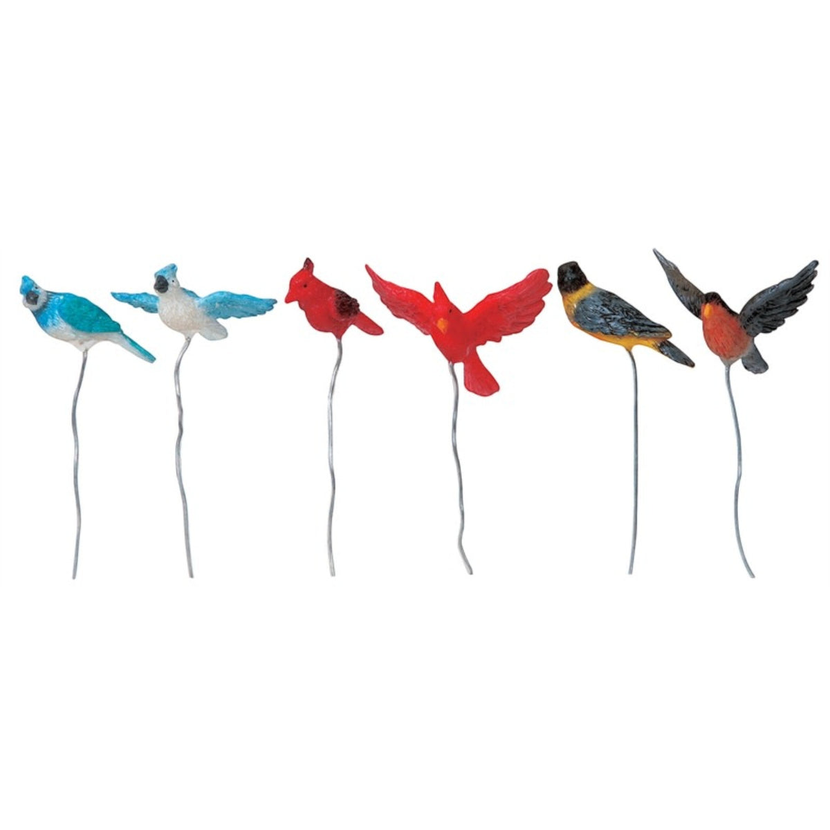 Assorted Birds of Joy set of 6 resin decor on wire stems in blue white red black and yellow The Country Christmas Loft on Tampa Home & Garden Store