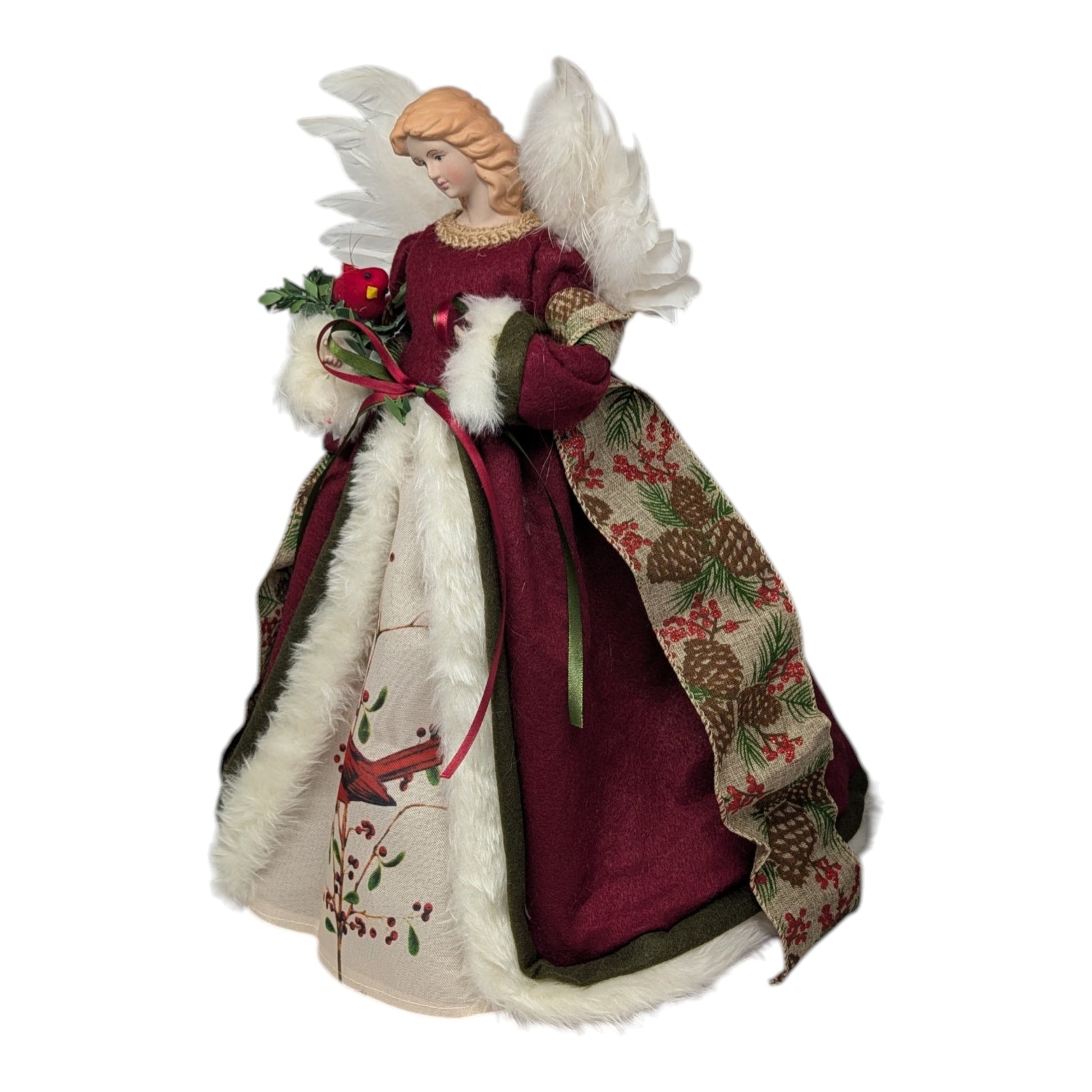 Cardinal Angel Tree Topper burgundy gown with white feather wings and holly accents on Tampa Home & Garden Store