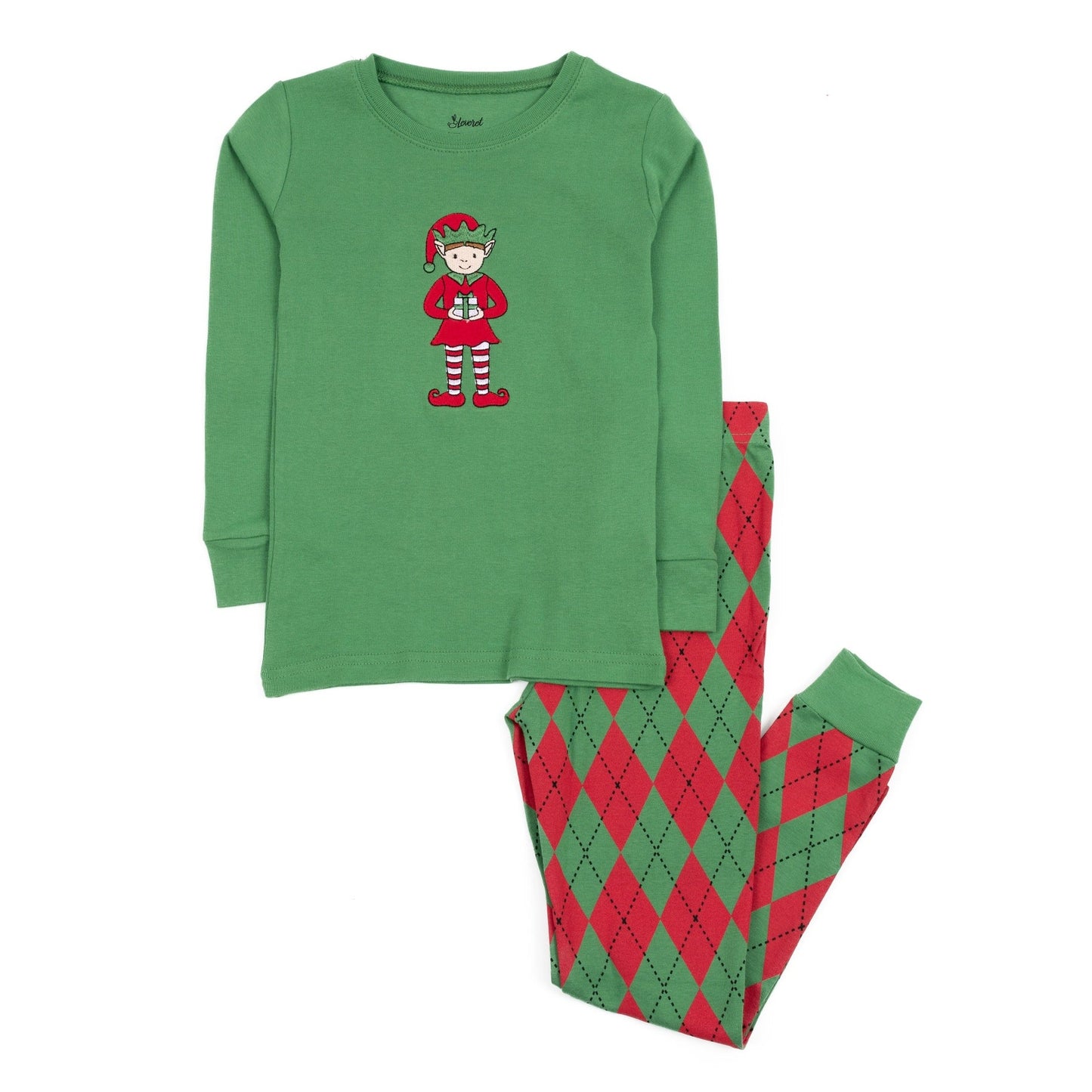 Kids Two Piece Cotton Pajamas Elf Argyle Red  And Green -