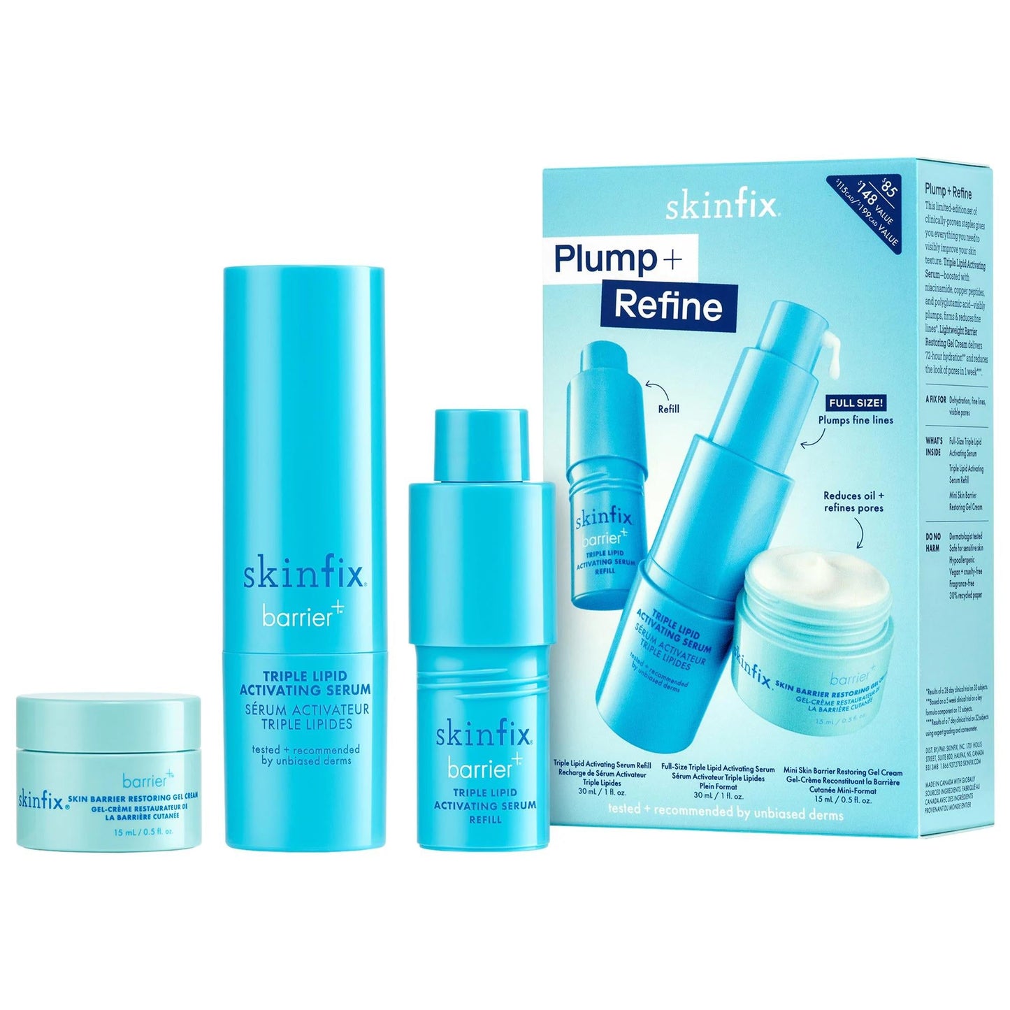 Plump+ Refine face serum set with blue Skinfix barrier+ bottles and refill box on Tampa Home & Garden Store