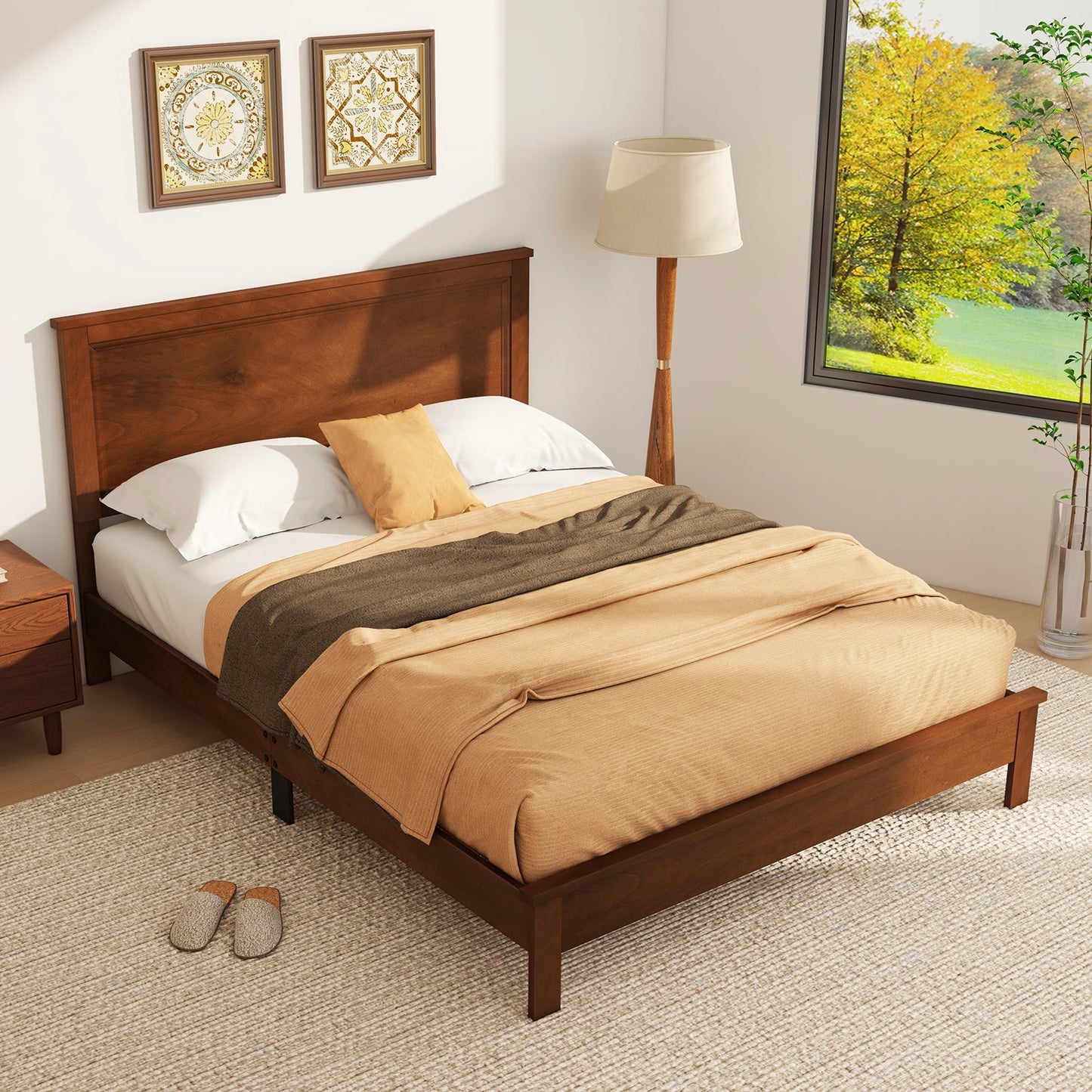 Base de Cama Queen con Plataforma y Somier de Lamas, Cabecero Alto y Patas de Madera de Caucho-Nogal