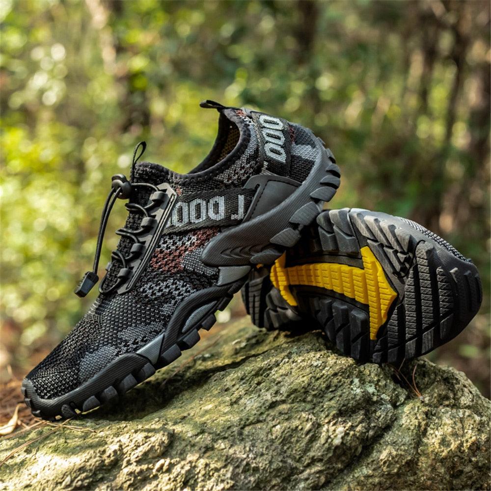 Stevvex quick-dry mens sneakers, black gray camo knit, rugged sole with yellow accents, pair on Tampa Home & Garden Store