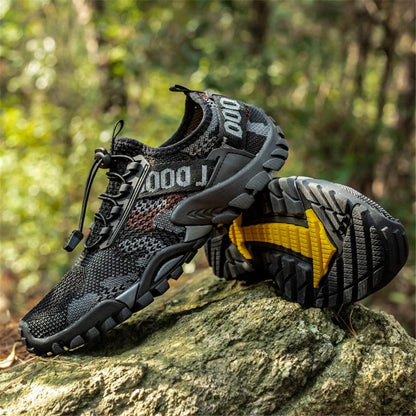 Stevvex quick-dry mens sneakers, black gray camo knit, rugged sole with yellow accents, pair on Tampa Home & Garden Store