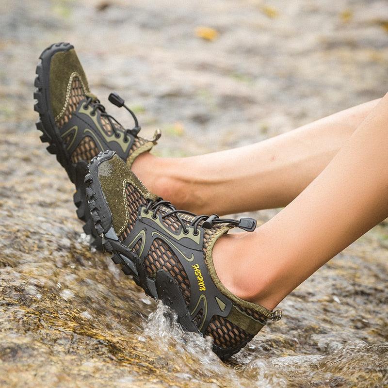 Stevvex ST85SH411DDN athletic shoes, olive green mesh upper with rugged lug sole for water hikes on Tampa Home & Garden Store