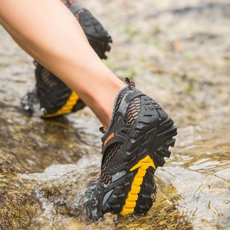 Stevvex Quick Dry Men Slip-On Upstream Water Shoes, black mesh upper, rugged yellow sole on Tampa Home & Garden Store