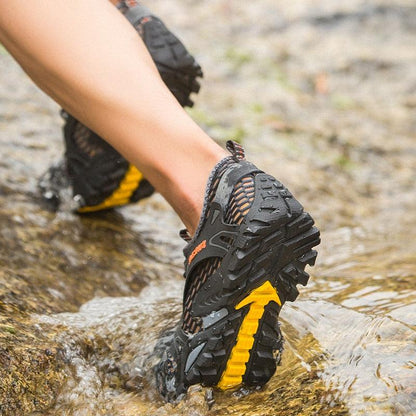 Stevvex Quick Dry Men Slip-On Upstream Water Shoes, black mesh upper, rugged yellow sole on Tampa Home & Garden Store