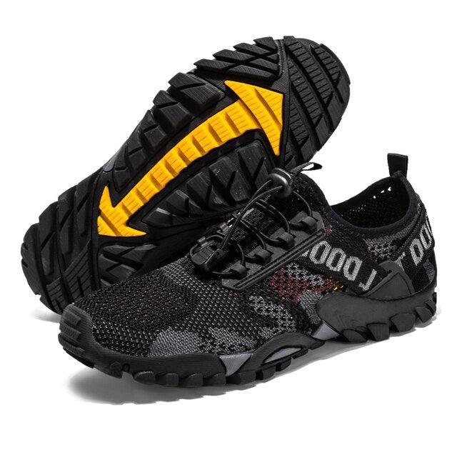 Stevvex Quick Dry Men Sneakers black knit upper with lug sole yellow outsole on Tampa Home & Garden Store