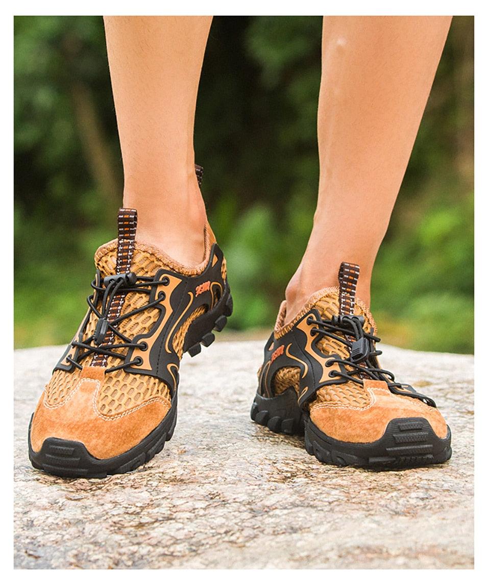 Stevvex Quick Dry Men Sneakers Lace-up tan orange mesh, suede overlays, rugged outsole pair on Tampa Home & Garden Store