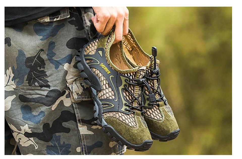 Stevvex Quick Dry Men Sneakers, olive-green mesh with suede overlays, water hiking shoes, pair on Tampa Home & Garden Store
