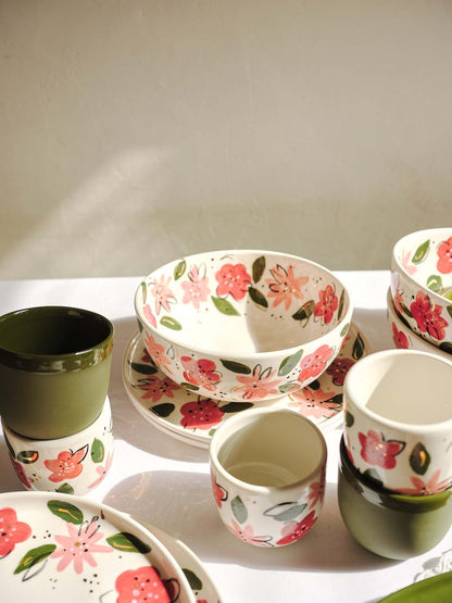 Hand-Painted Floral Coffee Cup on White Base