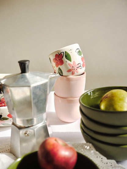 Hand-Painted Floral Coffee Cup on White Base