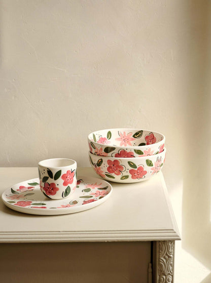 Hand-Painted Floral Coffee Cup on White Base
