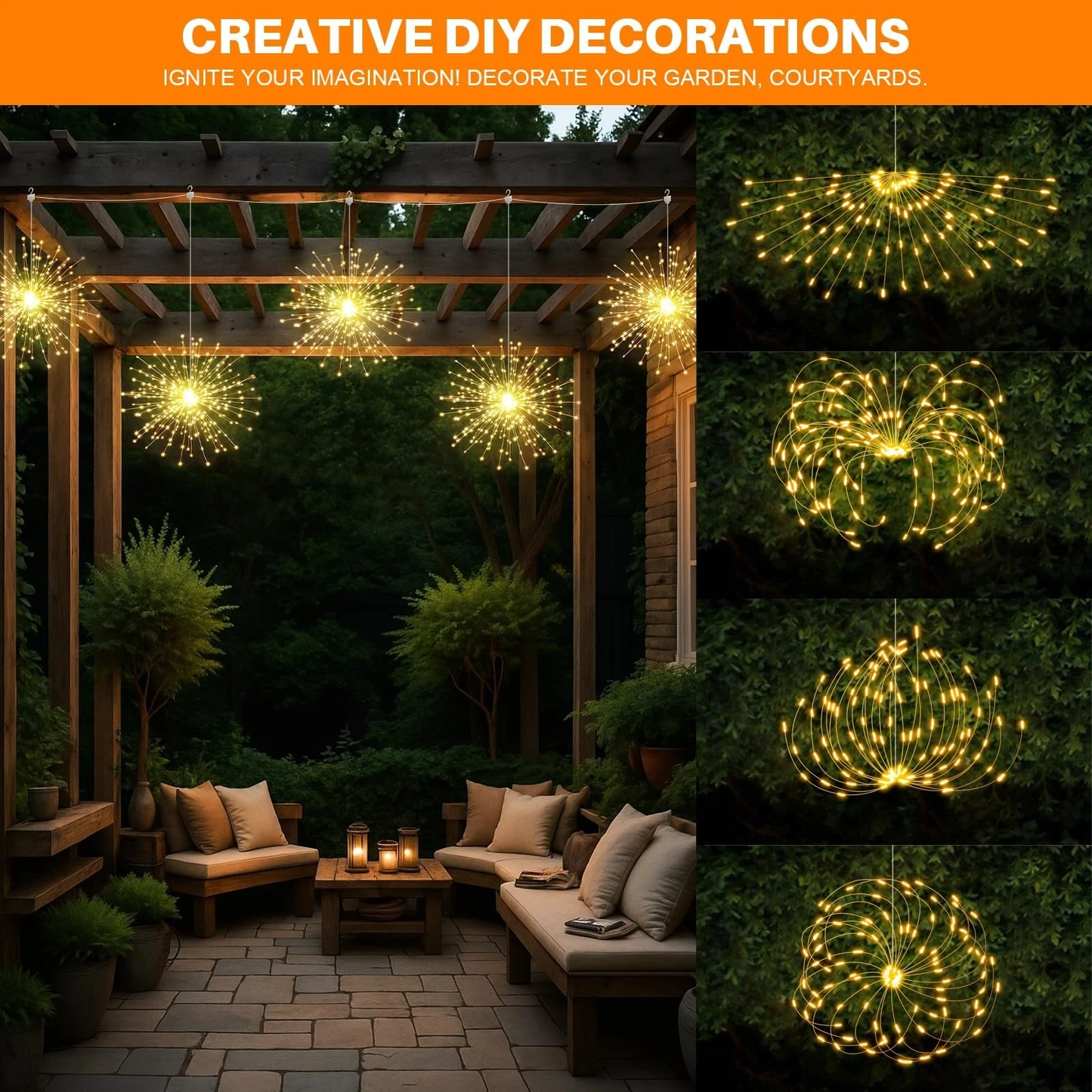 Starburst 5 Piece Light Set 1000 LED warm white outdoor hanging lights over pergola seating area on Tampa Home & Garden Store