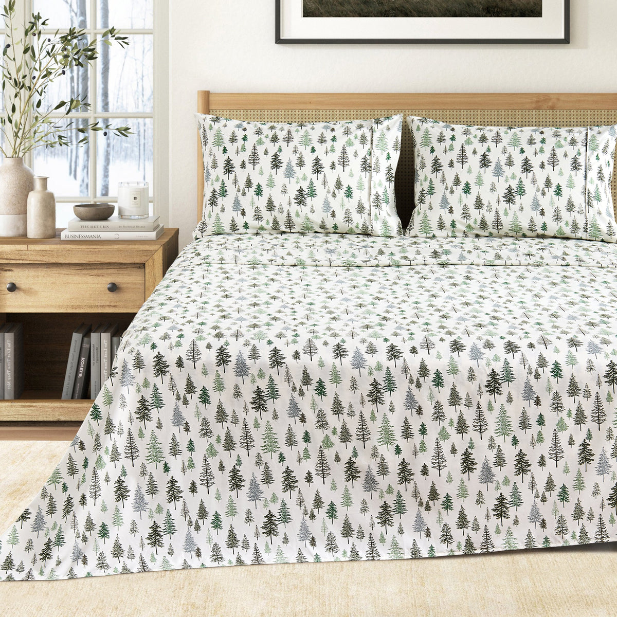 Printed Baylor Collection bed sheet set by Great Bay Home with evergreen tree print on Tampa Home & Garden Store