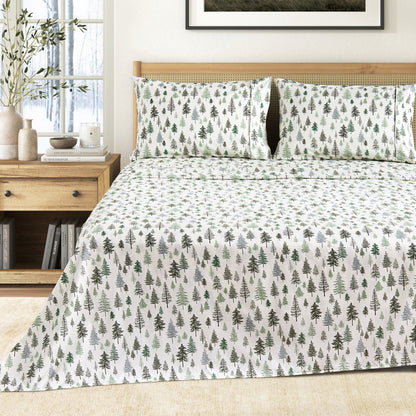 Printed Baylor Collection bed sheet set by Great Bay Home with evergreen tree print on Tampa Home & Garden Store