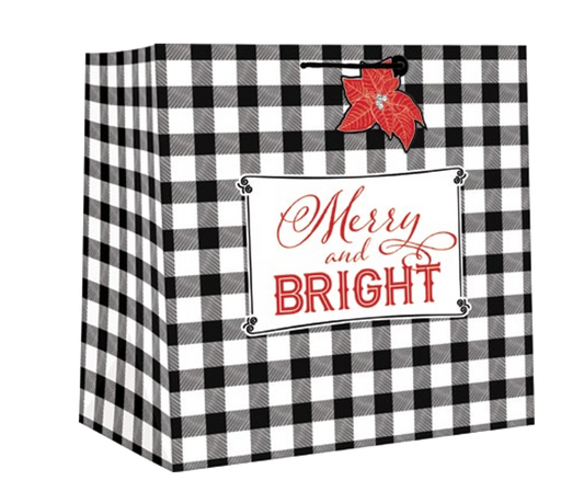 Square jumbo gift bag Merry and Bright with black-and-white check and red poinsettia on Tampa Home & Garden Store