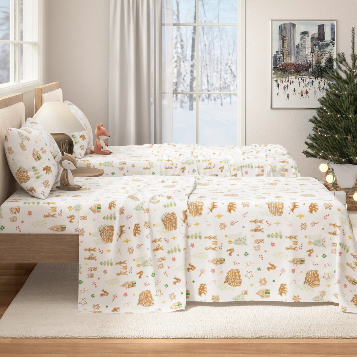 Great Bay Home Turkish Cotton Flannel Sheet Set, Kids Christmas Collection on two twin beds on Tampa Home & Garden Store