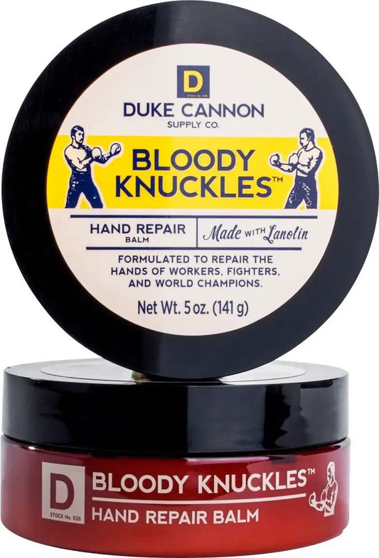 Bloody Knuckles Hand Repair Balm 2-piece set: round black-lid tin and red jar, Duke Cannon on Tampa Home & Garden Store