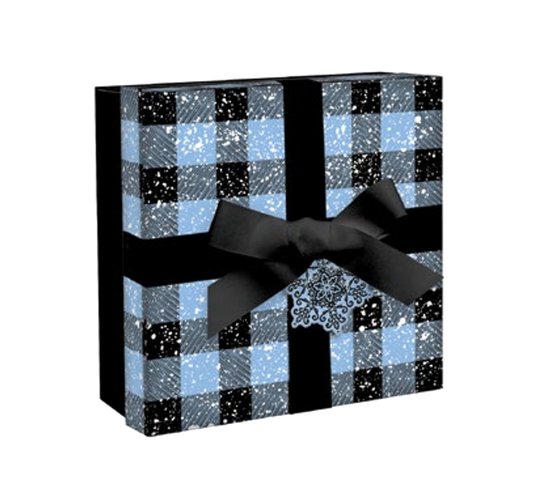 Premium Gift Box with Ribbon in blue-black checker pattern with snowflake accent The Country Christmas Loft on Tampa Home & Garden Store