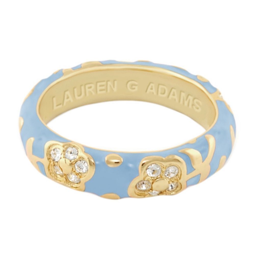 Stackable ring by Lauren G Adams in blue enamel with gold-tone floral accents and crystals on Tampa Home & Garden Store