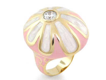 Pink Flower Enamel And Gold Statement Ring