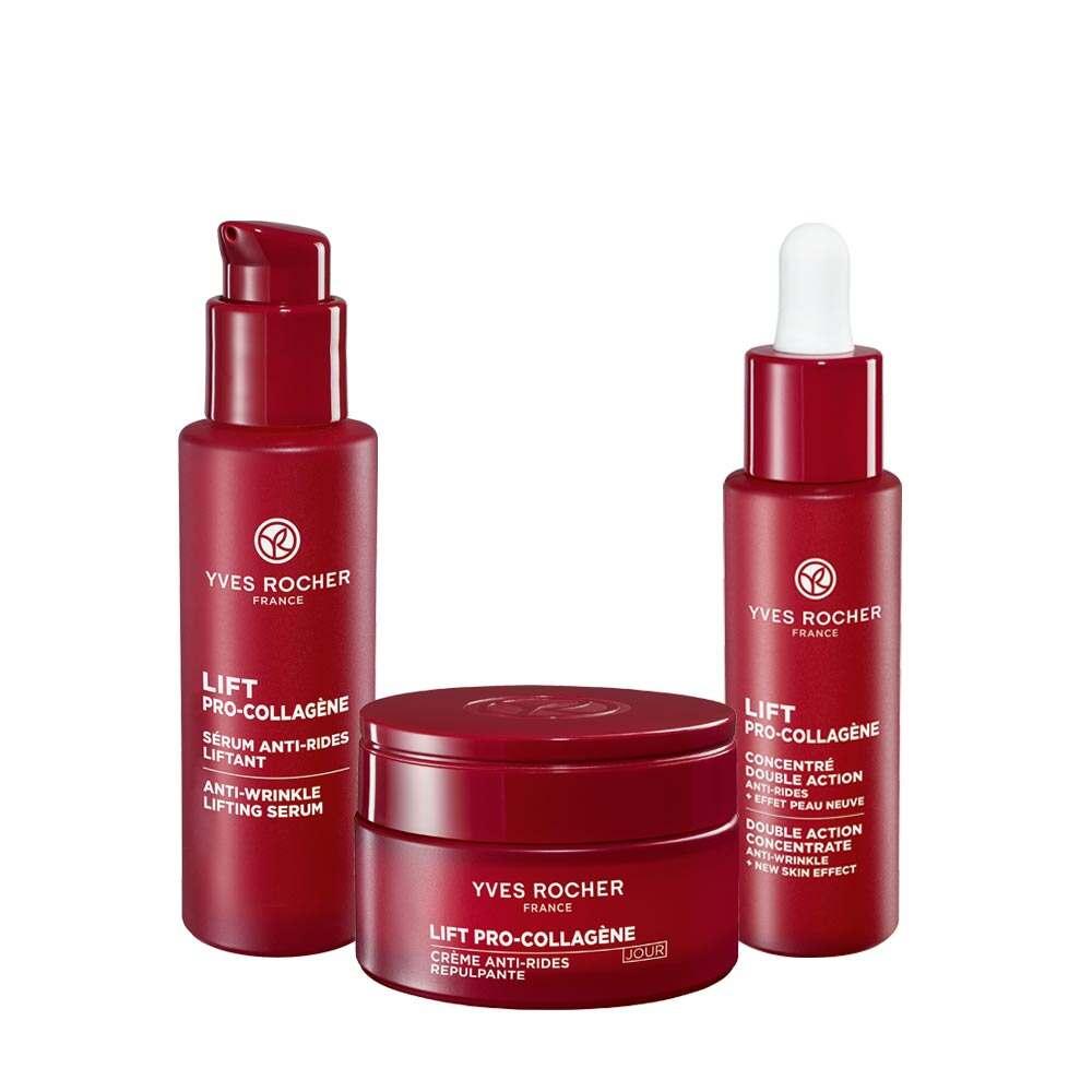 Yves Rocher Lift Pro-Collagène anti-aging skincare set of 3; red serum pumps and jar on Tampa Home & Garden Store