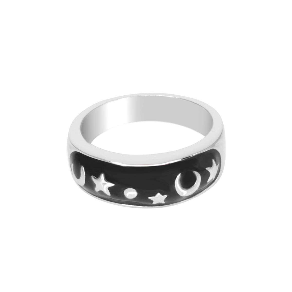 Stackable silver ring with black enamel night-sky stars and crescent moon on Tampa Home & Garden Store