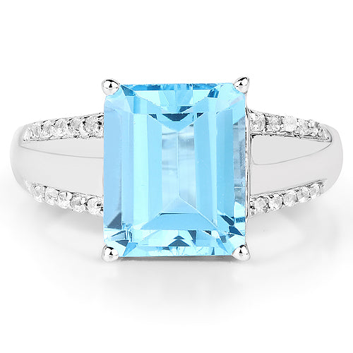 Ring emerald-cut blue topaz centerpiece with pavé white topaz band in sterling silver on Tampa Home & Garden Store