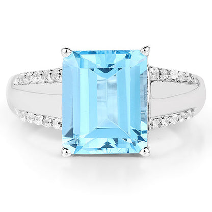 Ring emerald-cut blue topaz centerpiece with pavé white topaz band in sterling silver on Tampa Home & Garden Store