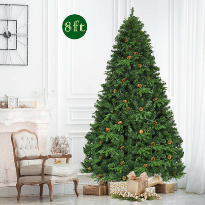 7.5 ft DirectDeals artificial Christmas tree with LED lights and pine cones in a living room on Tampa Home & Garden Store