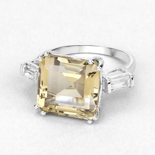 Square-cut lemon quartz ring with baguette white topaz accents in a .925 sterling silver band on Tampa Home & Garden Store