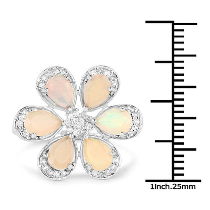 Sterling silver five-petal flower ring with peach Ethiopian opal petals and topaz accents on Tampa Home & Garden Store