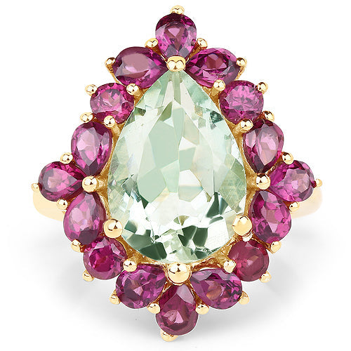 Ring, 14K yellow gold plated with green amethyst center and rhodolite halo 7.21ct Bids.com on Tampa Home & Garden Store