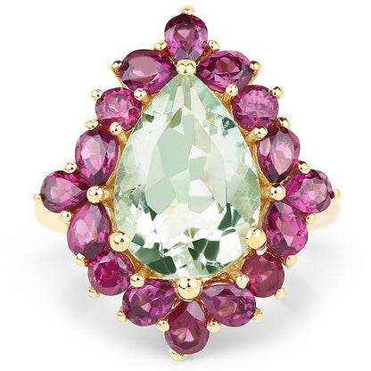Ring, 14K yellow gold plated with green amethyst center and rhodolite halo 7.21ct Bids.com on Tampa Home & Garden Store