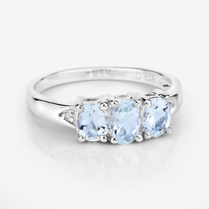 Ring with three aquamarine stones and white diamond accents in .925 sterling silver on Tampa Home & Garden Store