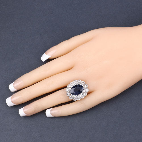 10.64 ct blue dyed sapphire oval halo ring with white topaz surround in .925 sterling silver on Tampa Home & Garden Store