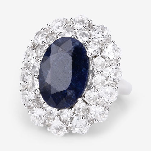 Sterling silver ring with a 10.64 carat oval dyed sapphire surrounded by a halo of white topaz on Tampa Home & Garden Store
