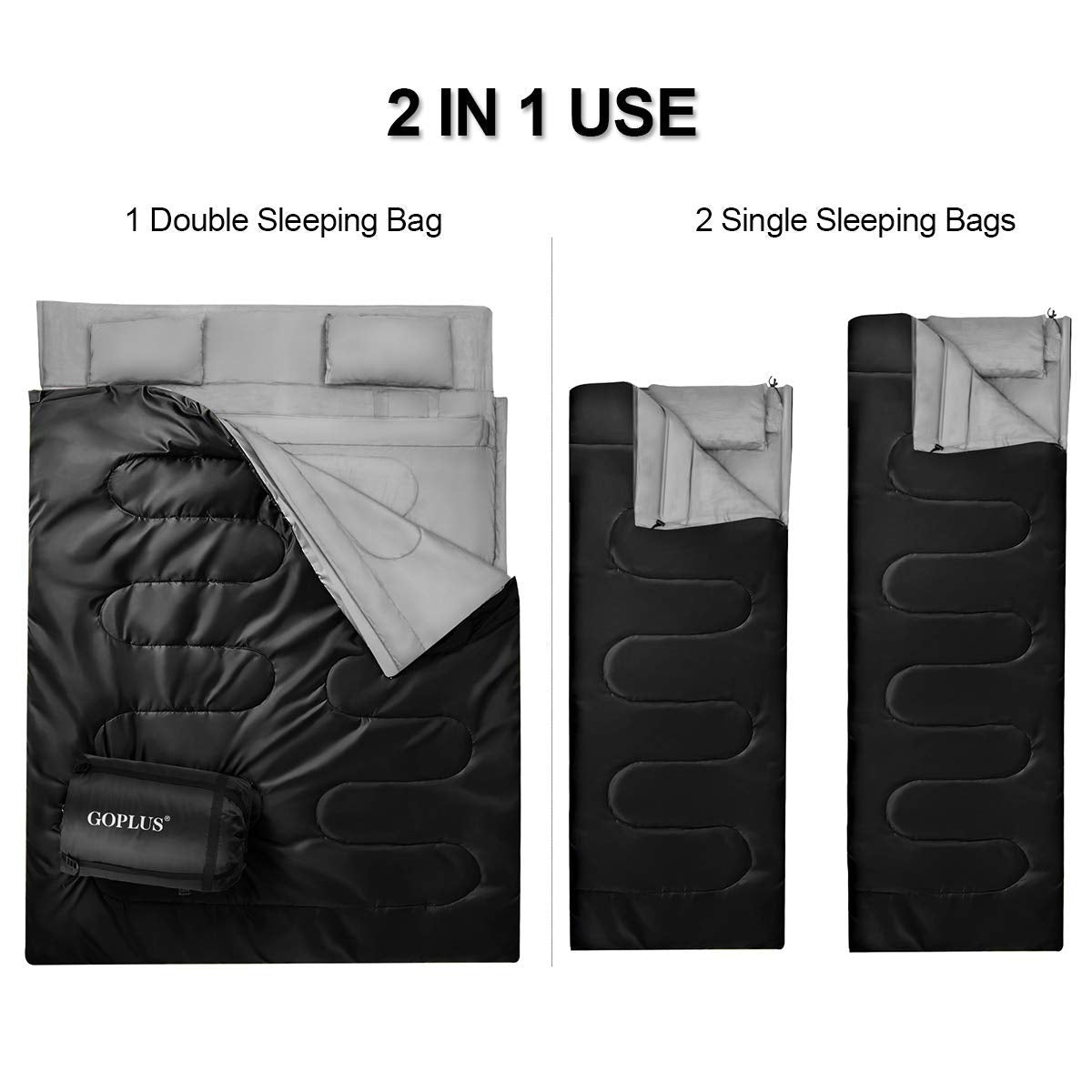 Saco de dormir impermeable para 2 personas con 2 almohadas - Negro