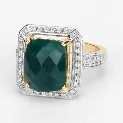 Sterling silver ring with 5.18 carat dyed emerald center, white topaz halo, gold-toned frame on Tampa Home & Garden Store