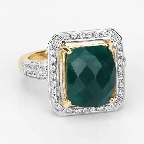 Ring cushion-cut dyed emerald center with gold prongs and white topaz halo in .925 silver band on Tampa Home & Garden Store