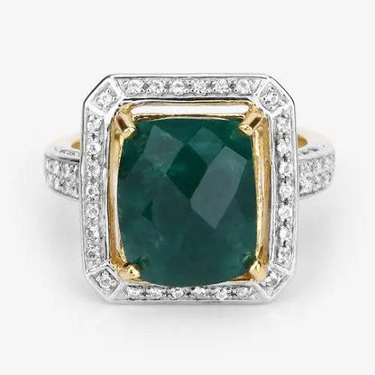Bids.com emerald and white topaz ring in .925 sterling silver two-tone gold inner setting with pavé halo on Tampa Home & Garden Store