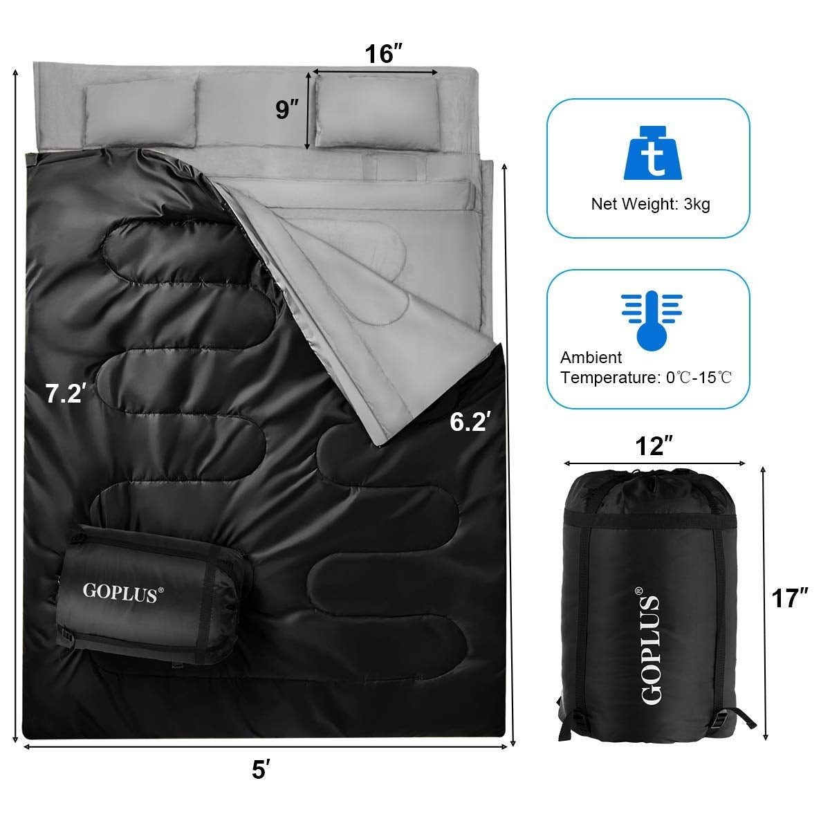 2 Person Waterproof Sleeping Bag with 2 Pillows by GemGear, black; includes GOPLUS carry bag on Tampa Home & Garden Store