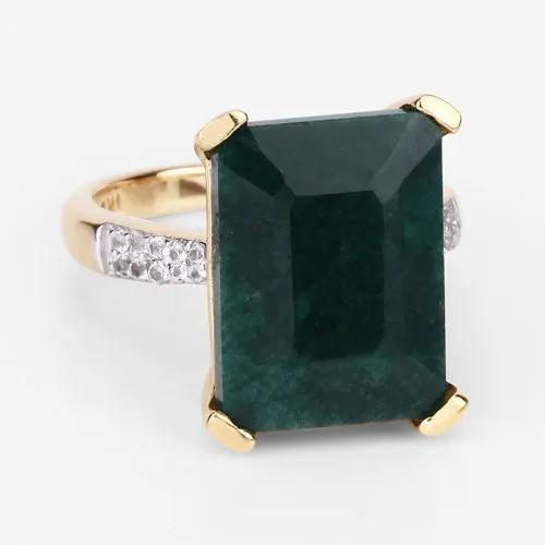 Ring emerald-cut dyed emerald with white diamond pave band in two-tone gold-silver on Tampa Home & Garden Store