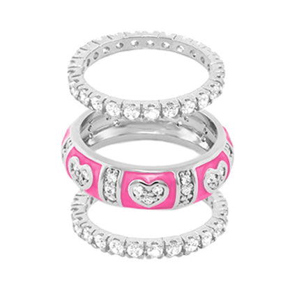 Pave Love Ring Set 3-ring stack by Lauren G Adams with pink enamel hearts and pave diamonds on Tampa Home & Garden Store