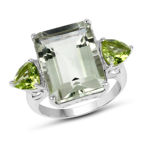 Sterling silver ring with emerald-cut green amethyst center and two peridot side stones on Tampa Home & Garden Store