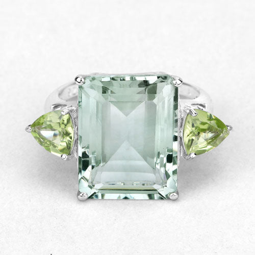 Ring 11.90ct emerald-cut green amethyst with 2 peridot side stones in .925 sterling silver on Tampa Home & Garden Store
