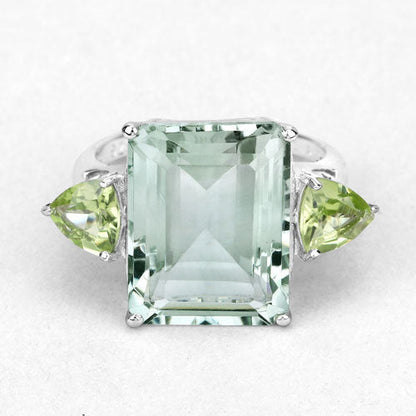 Ring 11.90ct emerald-cut green amethyst with 2 peridot side stones in .925 sterling silver on Tampa Home & Garden Store