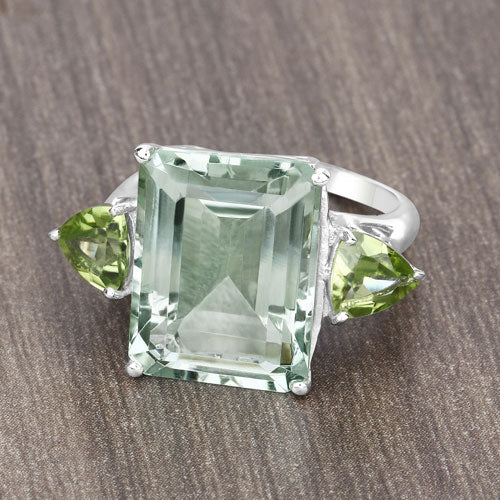 Ring 11.90ct emerald-cut green amethyst with peridot side stones in 925 sterling silver Bids.com on Tampa Home & Garden Store