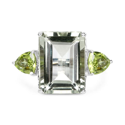 Ring 11.90ct emerald-cut green amethyst center stone and pear peridots in sterling silver on Tampa Home & Garden Store