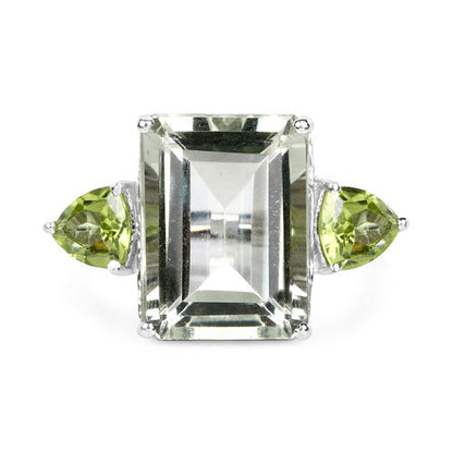 Ring 11.90ct emerald-cut green amethyst center stone and pear peridots in sterling silver on Tampa Home & Garden Store